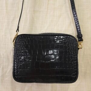 Quince Italian Leather Black crocodile print crossbody bag with gold hardware